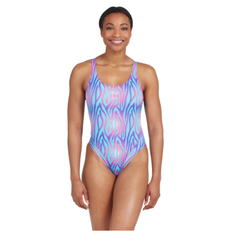 Zoggs Womens Swim Crazy Masterback Swimsuit – Purple/Blue Tiger Print