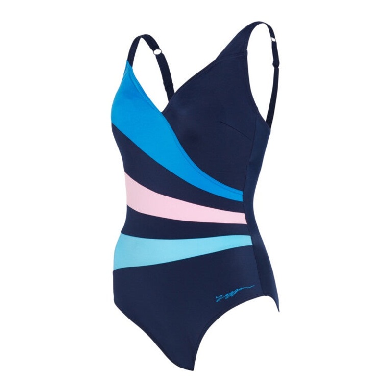 Zoggs Wrap Panel Classicback Ladies Swimming Costume – Navy/Pink
